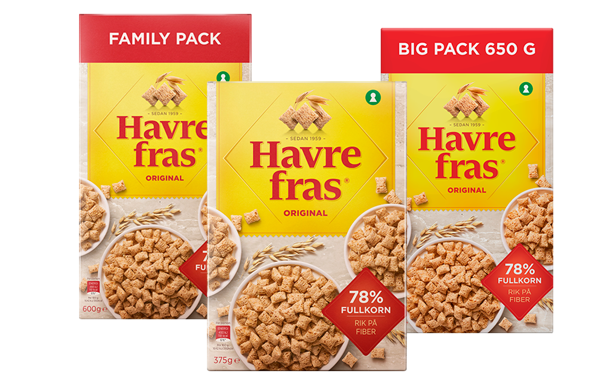 Havrefras original i tre olika storlekar, 375g, 600g och 650g